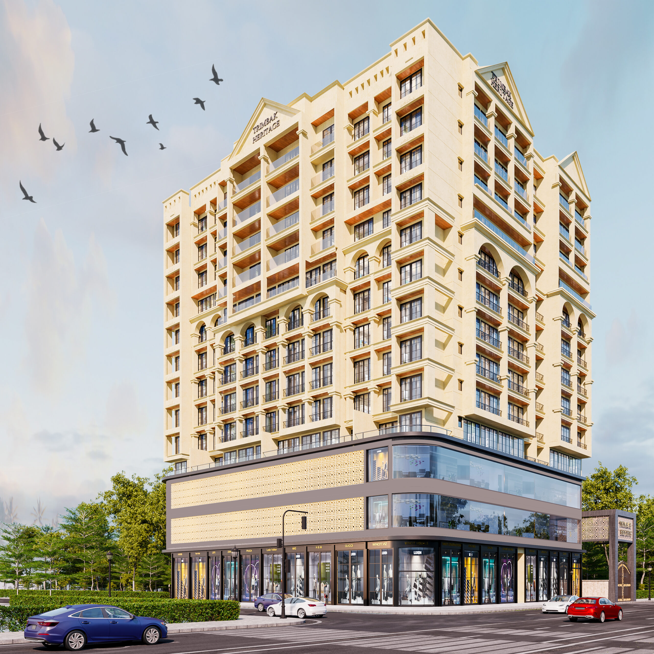 Day view of Trimbak Heritage, a G+12 residential cum commercial building at Pushpak Node, Panvel by Shreeraj Group